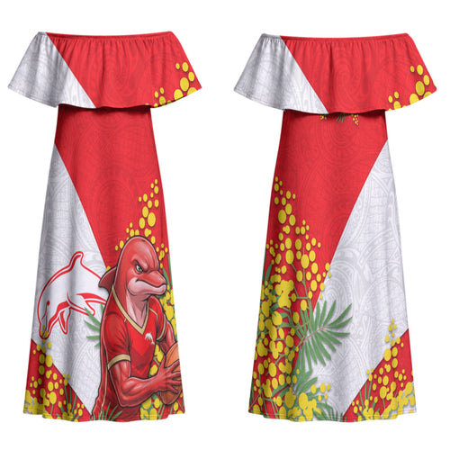 Dolphins Couples Matching Off Shoulder Maxi Dress and Long Sleeve Button Shirt Golden Wattle Floral Polynesian - Australian Flower - Rugby Mascot