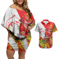 Dolphins Couples Matching Off Shoulder Short Dress and Hawaiian Shirt Golden Wattle Floral Polynesian - Australian Flower - Rugby Mascot