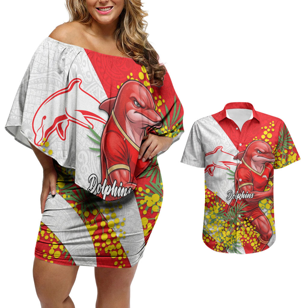 Dolphins Couples Matching Off Shoulder Short Dress and Hawaiian Shirt Golden Wattle Floral Polynesian - Australian Flower - Rugby Mascot