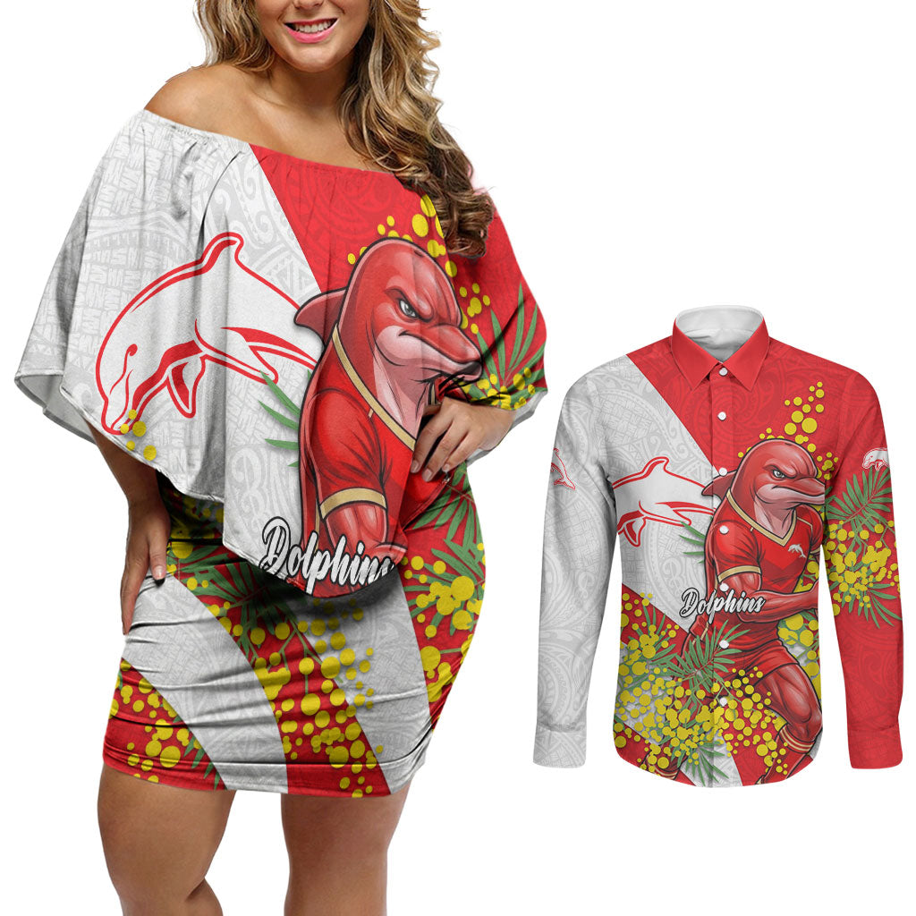Dolphins Couples Matching Off Shoulder Short Dress and Long Sleeve Button Shirt Golden Wattle Floral Polynesian - Australian Flower - Rugby Mascot