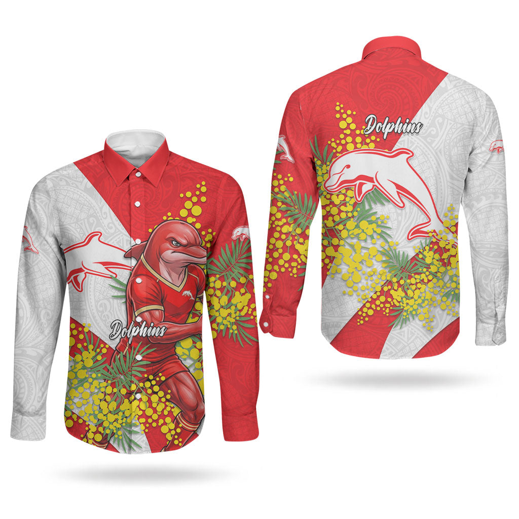 Dolphins Couples Matching Off Shoulder Short Dress and Long Sleeve Button Shirt Golden Wattle Floral Polynesian - Australian Flower - Rugby Mascot