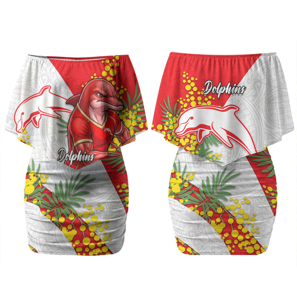 Dolphins Couples Matching Off Shoulder Short Dress and Long Sleeve Button Shirt Golden Wattle Floral Polynesian - Australian Flower - Rugby Mascot