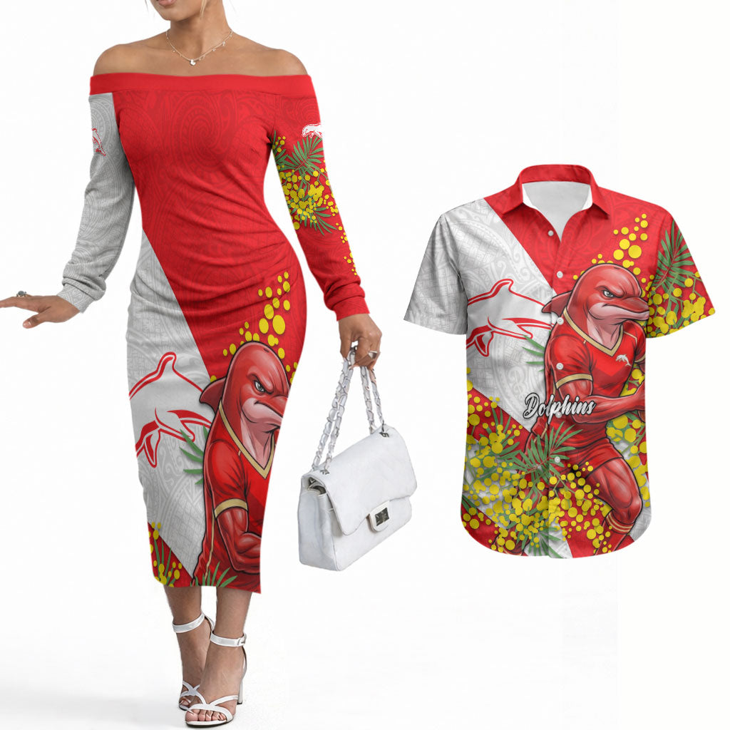 Dolphins Couples Matching Off The Shoulder Long Sleeve Dress and Hawaiian Shirt Golden Wattle Floral Polynesian - Australian Flower - Rugby Mascot