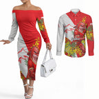 Dolphins Couples Matching Off The Shoulder Long Sleeve Dress and Long Sleeve Button Shirt Golden Wattle Floral Polynesian - Australian Flower - Rugby Mascot