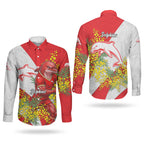 Dolphins Couples Matching Off The Shoulder Long Sleeve Dress and Long Sleeve Button Shirt Golden Wattle Floral Polynesian - Australian Flower - Rugby Mascot