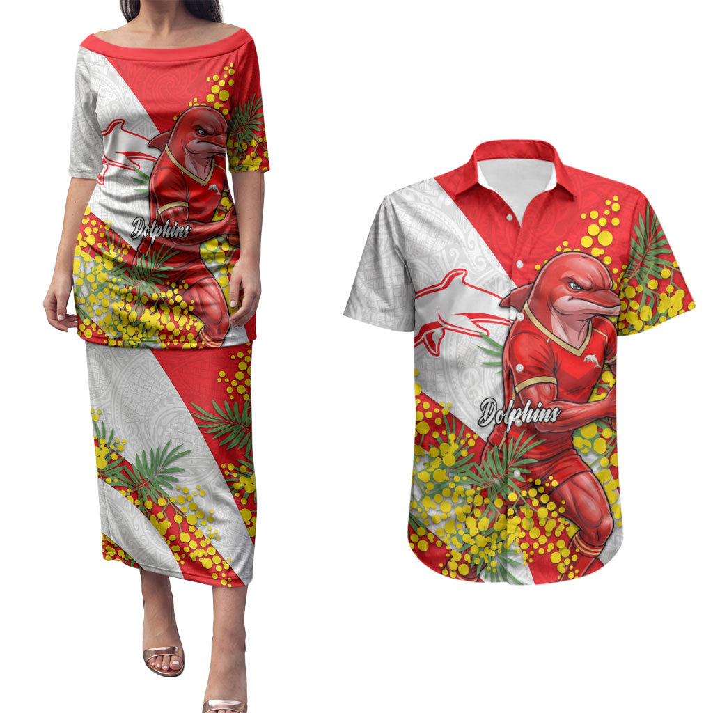 Dolphins Couples Matching Puletasi and Hawaiian Shirt Golden Wattle Floral Polynesian - Australian Flower - Rugby Mascot
