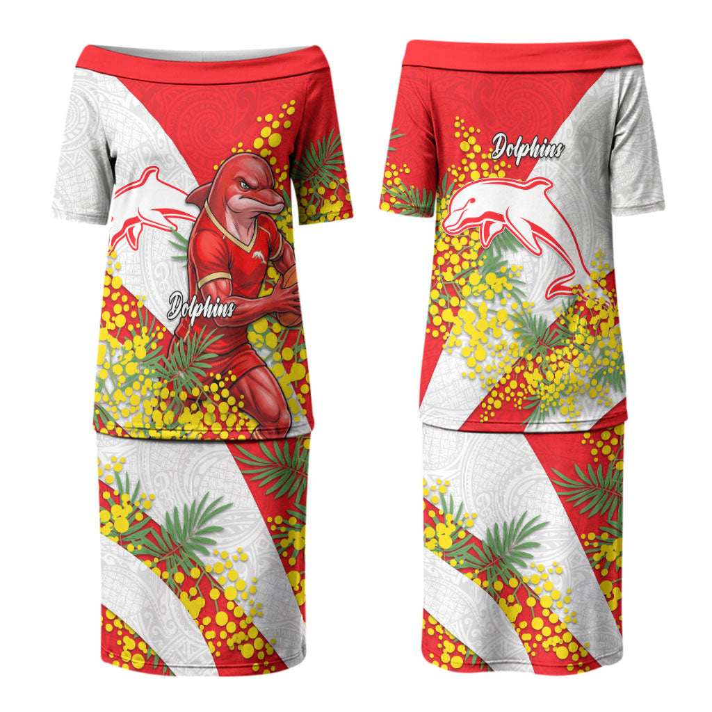 Dolphins Couples Matching Puletasi and Hawaiian Shirt Golden Wattle Floral Polynesian - Australian Flower - Rugby Mascot