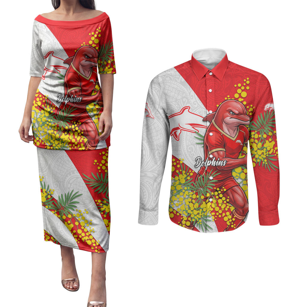 Dolphins Couples Matching Puletasi and Long Sleeve Button Shirt Golden Wattle Floral Polynesian - Australian Flower - Rugby Mascot
