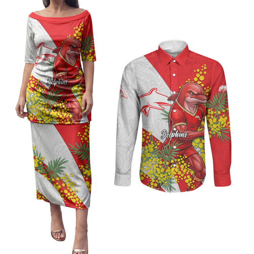 Dolphins Couples Matching Puletasi and Long Sleeve Button Shirt Golden Wattle Floral Polynesian - Australian Flower - Rugby Mascot