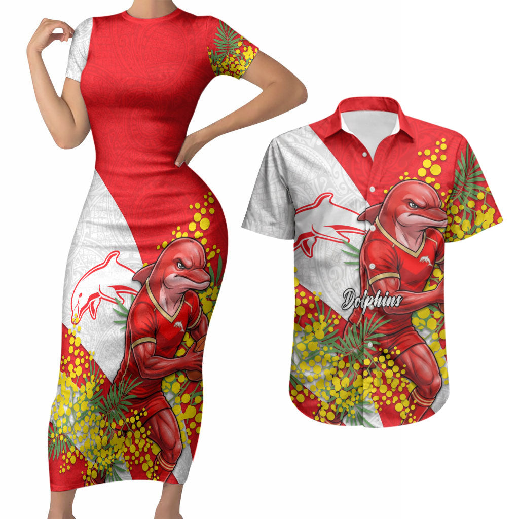 Dolphins Couples Matching Short Sleeve Bodycon Dress and Hawaiian Shirt Golden Wattle Floral Polynesian - Australian Flower - Rugby Mascot