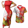 Dolphins Couples Matching Short Sleeve Bodycon Dress and Hawaiian Shirt Golden Wattle Floral Polynesian - Australian Flower - Rugby Mascot