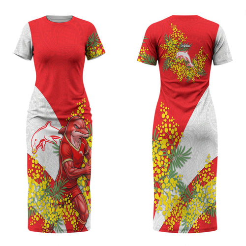 Dolphins Couples Matching Short Sleeve Bodycon Dress and Hawaiian Shirt Golden Wattle Floral Polynesian - Australian Flower - Rugby Mascot
