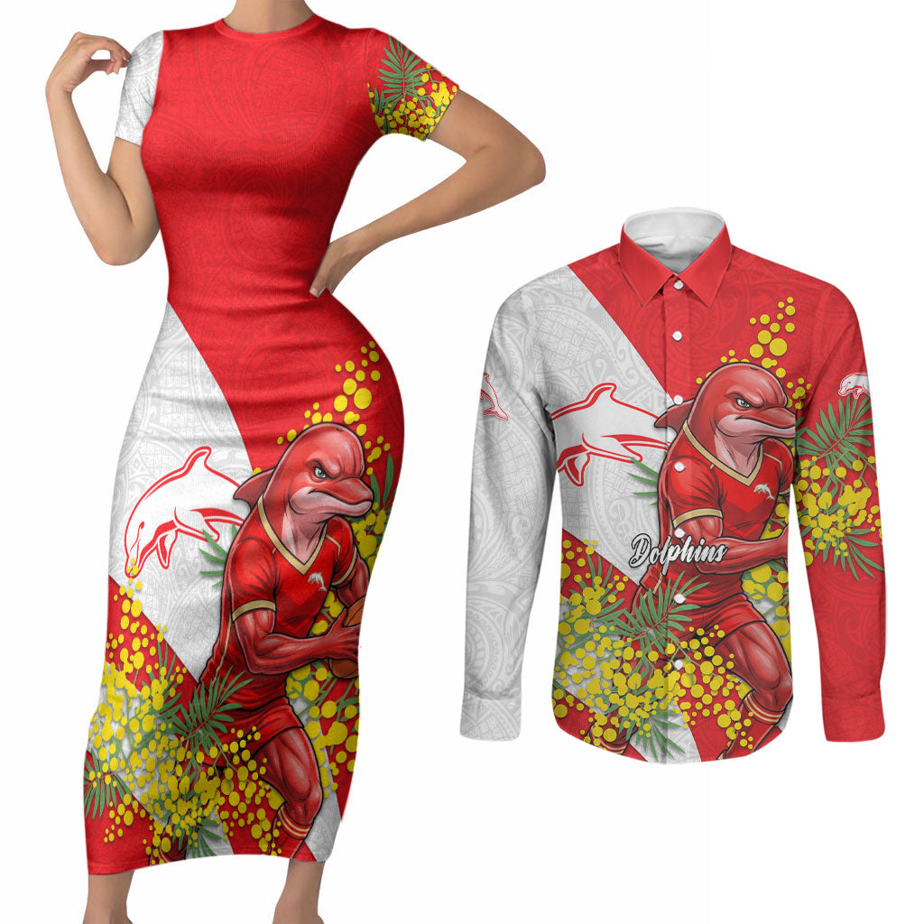 Dolphins Couples Matching Short Sleeve Bodycon Dress and Long Sleeve Button Shirt Golden Wattle Floral Polynesian - Australian Flower - Rugby Mascot