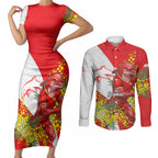 Dolphins Couples Matching Short Sleeve Bodycon Dress and Long Sleeve Button Shirt Golden Wattle Floral Polynesian - Australian Flower - Rugby Mascot