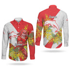 Dolphins Couples Matching Short Sleeve Bodycon Dress and Long Sleeve Button Shirt Golden Wattle Floral Polynesian - Australian Flower - Rugby Mascot