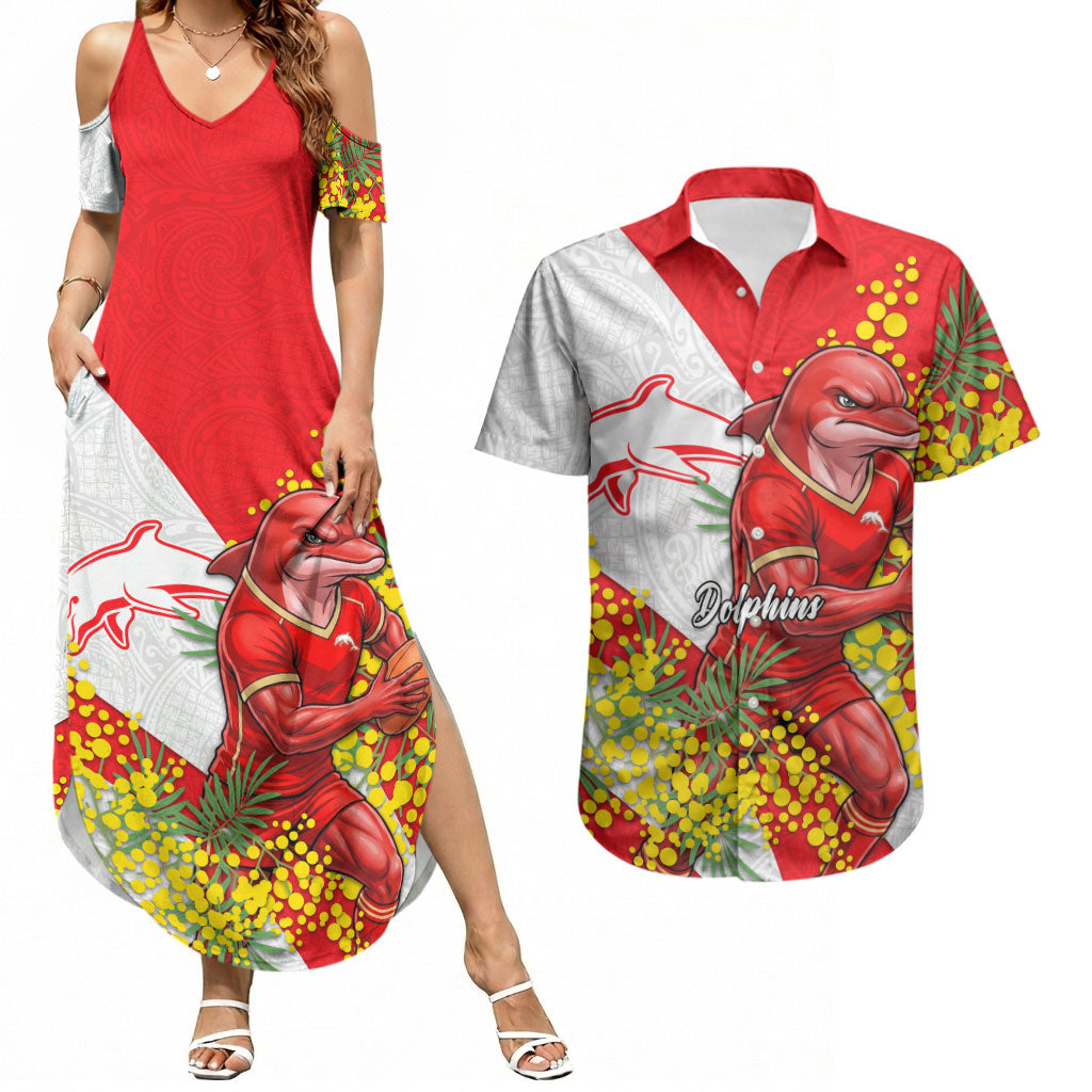 Dolphins Couples Matching Summer Maxi Dress and Hawaiian Shirt Golden Wattle Floral Polynesian - Australian Flower - Rugby Mascot