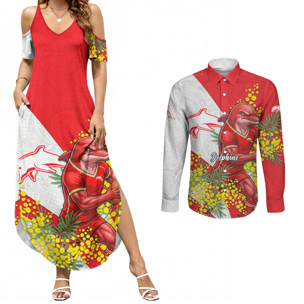 Dolphins Couples Matching Summer Maxi Dress and Long Sleeve Button Shirt Golden Wattle Floral Polynesian - Australian Flower - Rugby Mascot