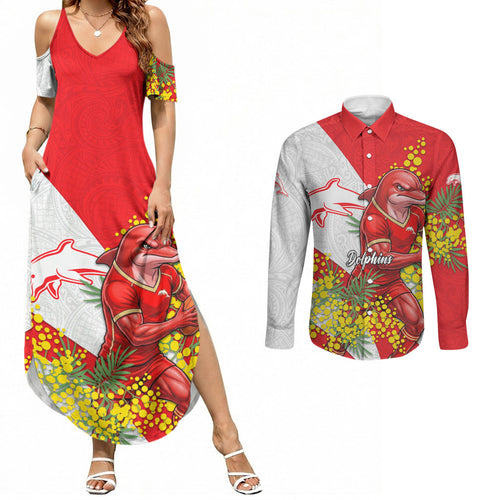 Dolphins Couples Matching Summer Maxi Dress and Long Sleeve Button Shirt Golden Wattle Floral Polynesian - Australian Flower - Rugby Mascot