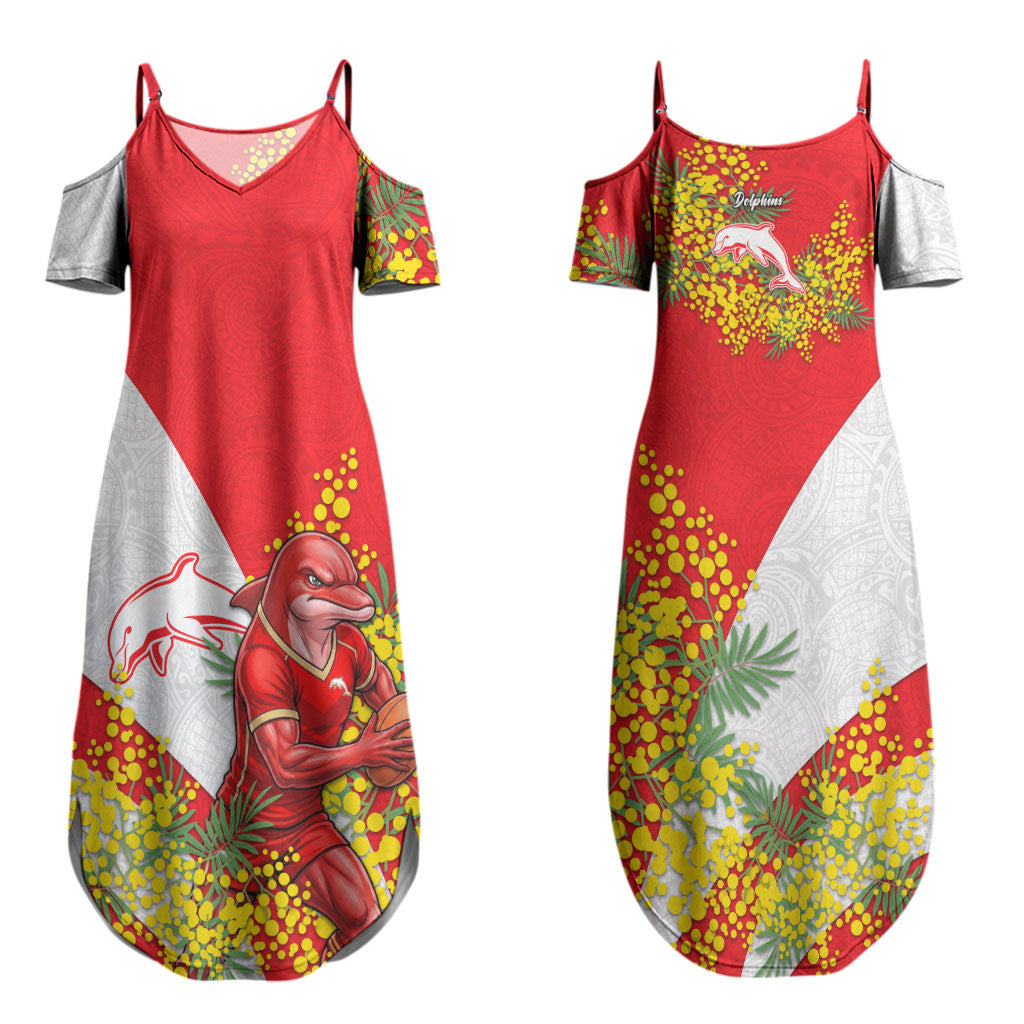 Dolphins Couples Matching Summer Maxi Dress and Long Sleeve Button Shirt Golden Wattle Floral Polynesian - Australian Flower - Rugby Mascot