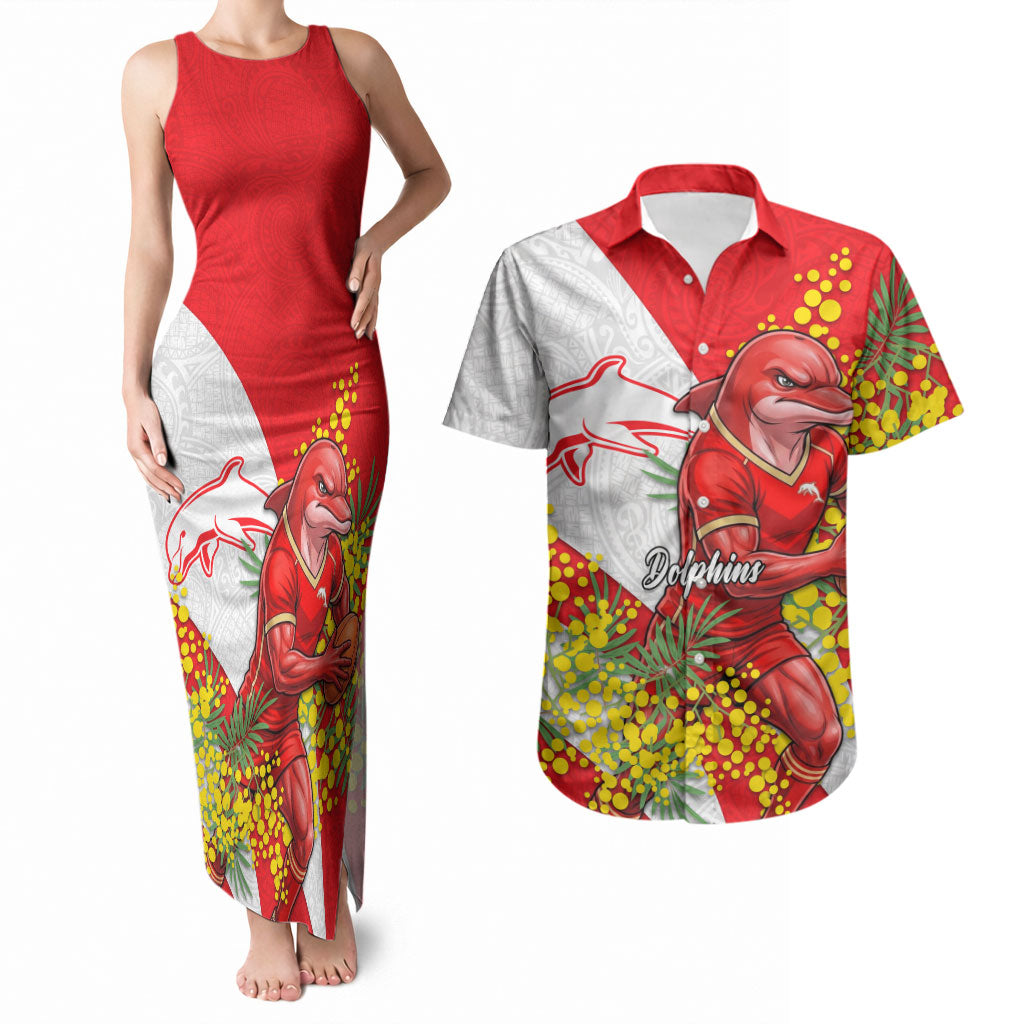 Dolphins Couples Matching Tank Maxi Dress and Hawaiian Shirt Golden Wattle Floral Polynesian - Australian Flower - Rugby Mascot