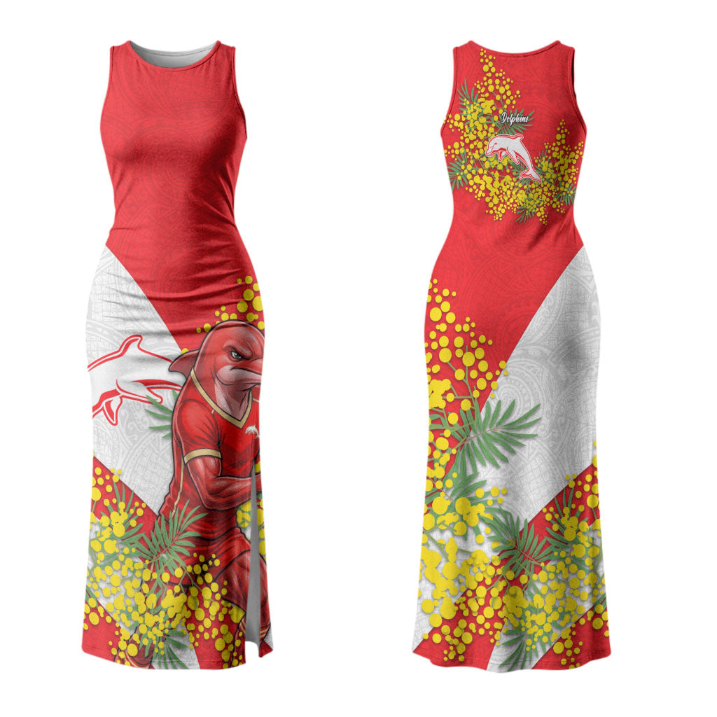 Dolphins Couples Matching Tank Maxi Dress and Hawaiian Shirt Golden Wattle Floral Polynesian - Australian Flower - Rugby Mascot