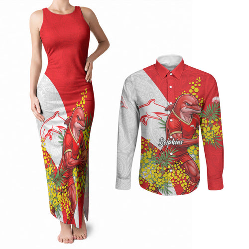Dolphins Couples Matching Tank Maxi Dress and Long Sleeve Button Shirt Golden Wattle Floral Polynesian - Australian Flower - Rugby Mascot