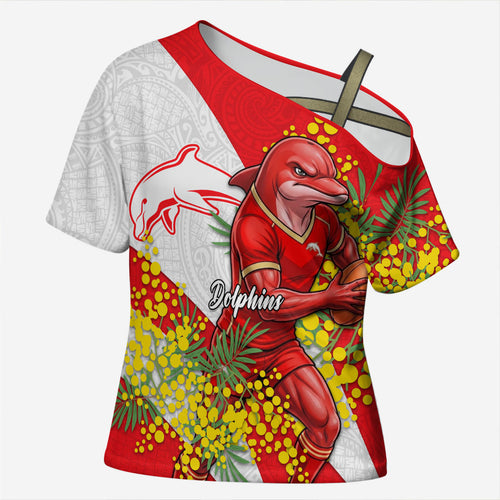 Dolphins Cross Shoulder Shirt Golden Wattle Floral Polynesian - Australian Flower - Rugby Mascot