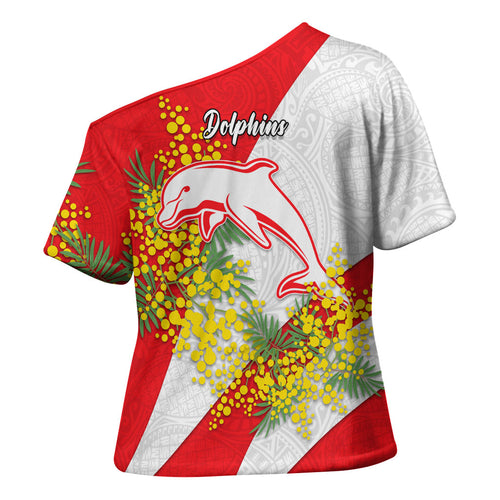Dolphins Cross Shoulder Shirt Golden Wattle Floral Polynesian - Australian Flower - Rugby Mascot