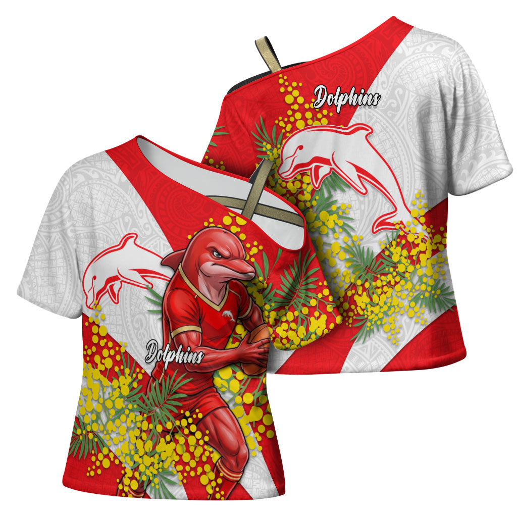 Dolphins Cross Shoulder Shirt Golden Wattle Floral Polynesian - Australian Flower - Rugby Mascot