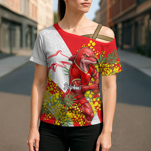Dolphins Cross Shoulder Shirt Golden Wattle Floral Polynesian - Australian Flower - Rugby Mascot