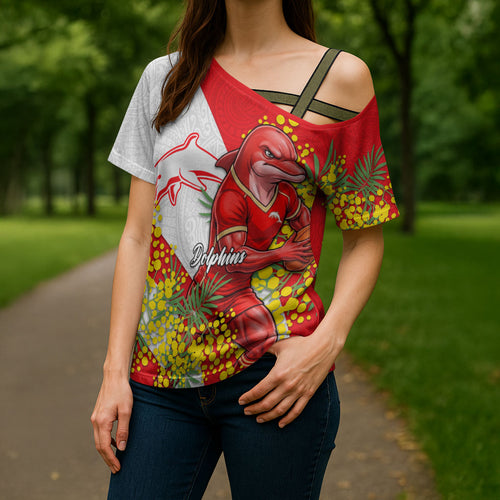 Dolphins Cross Shoulder Shirt Golden Wattle Floral Polynesian - Australian Flower - Rugby Mascot