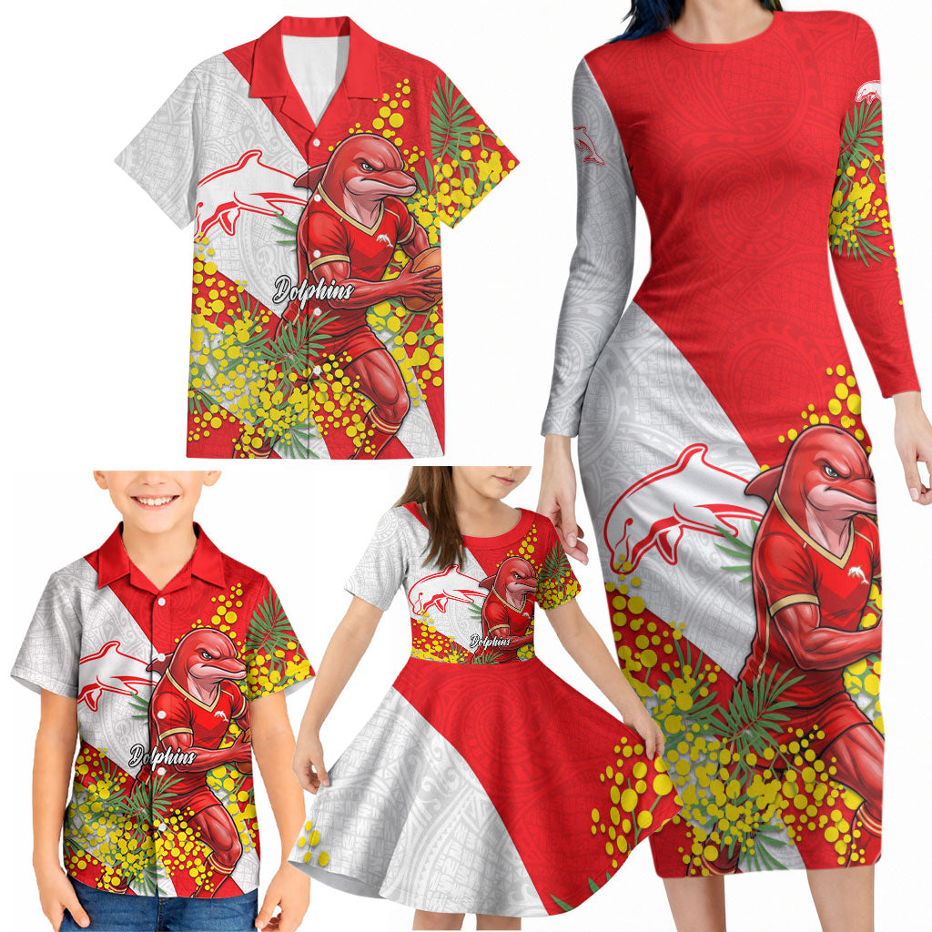 Dolphins Family Matching Long Sleeve Bodycon Dress and Hawaiian Shirt Golden Wattle Floral Polynesian - Australian Flower - Rugby Mascot