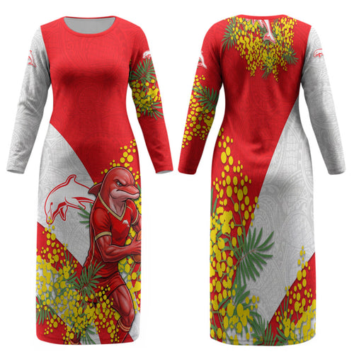 Dolphins Family Matching Long Sleeve Bodycon Dress and Hawaiian Shirt Golden Wattle Floral Polynesian - Australian Flower - Rugby Mascot