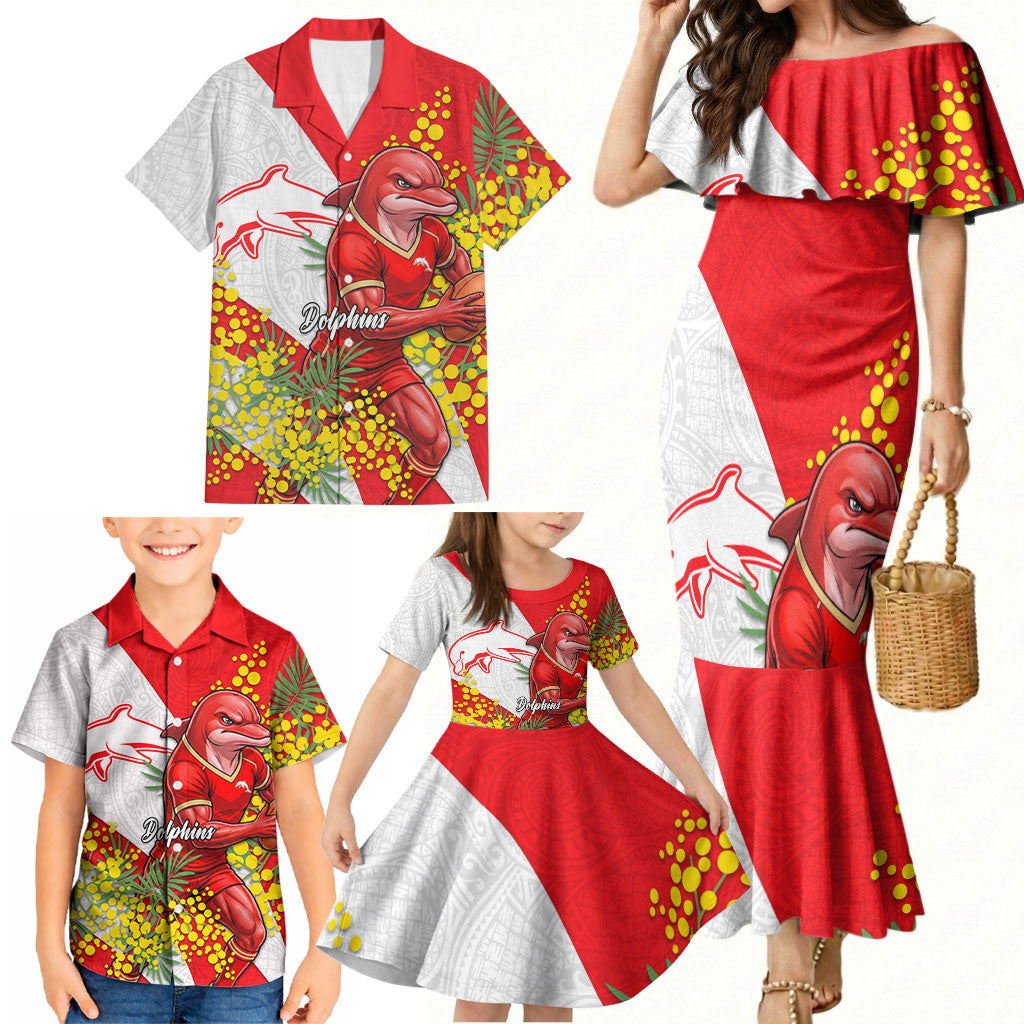 Dolphins Family Matching Mermaid Dress and Hawaiian Shirt Golden Wattle Floral Polynesian - Australian Flower - Rugby Mascot