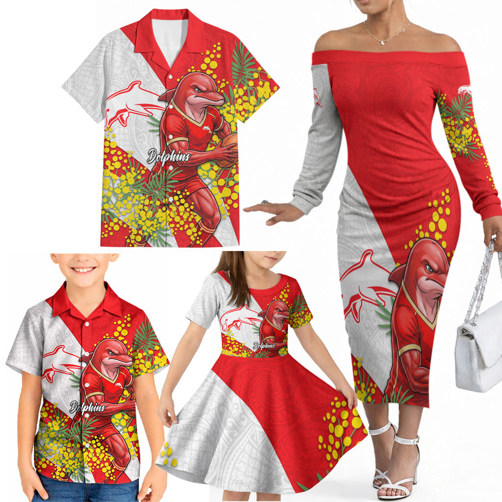 Dolphins Family Matching Off The Shoulder Long Sleeve Dress and Hawaiian Shirt Golden Wattle Floral Polynesian - Australian Flower - Rugby Mascot
