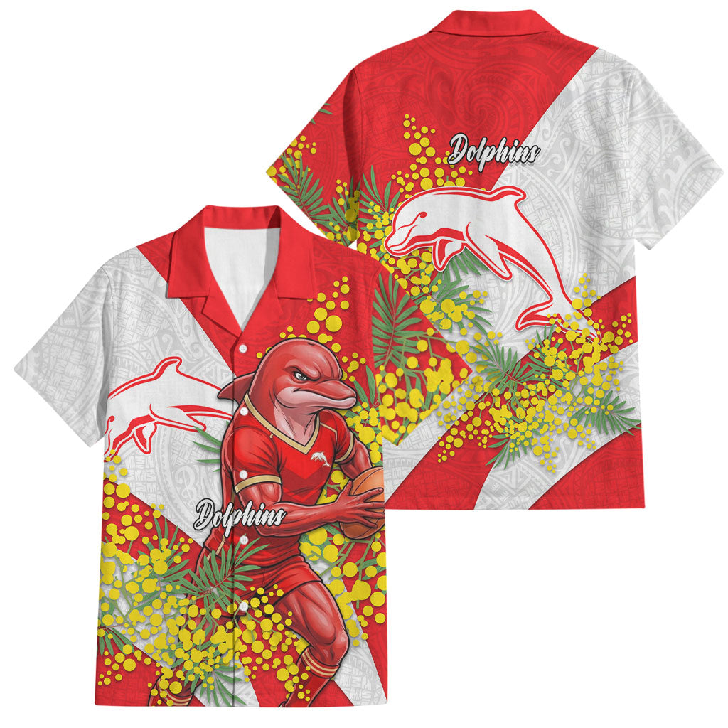 Dolphins Family Matching Off Shoulder Maxi Dress and Hawaiian Shirt Golden Wattle Floral Polynesian - Australian Flower - Rugby Mascot