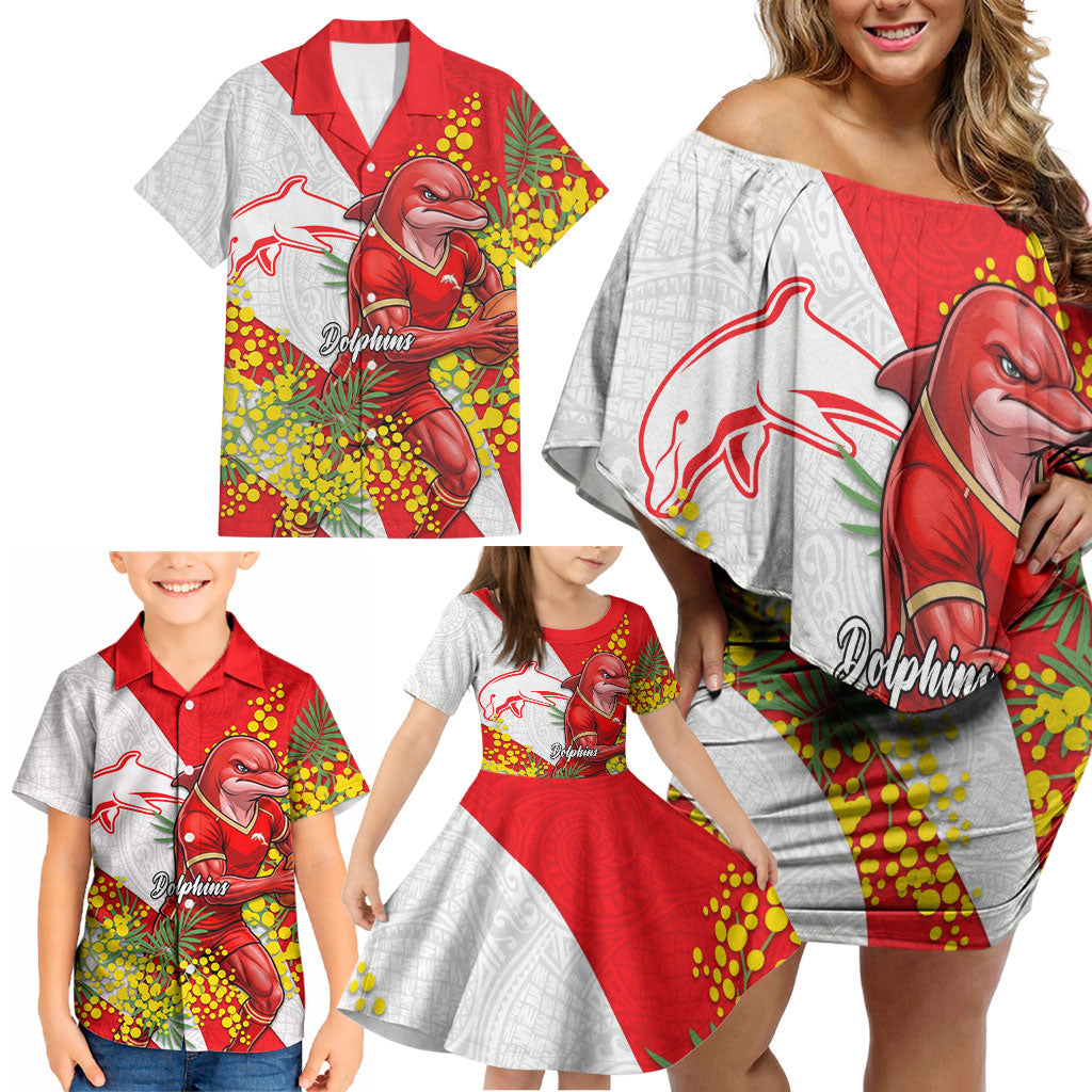 Dolphins Family Matching Off Shoulder Short Dress and Hawaiian Shirt Golden Wattle Floral Polynesian - Australian Flower - Rugby Mascot