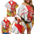 Dolphins Family Matching Off Shoulder Short Dress and Hawaiian Shirt Golden Wattle Floral Polynesian - Australian Flower - Rugby Mascot