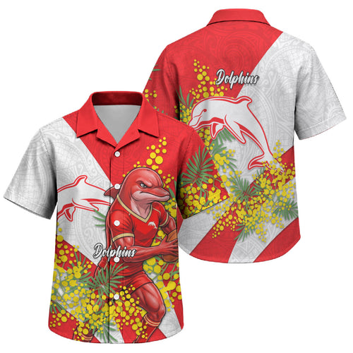 Dolphins Family Matching Off Shoulder Short Dress and Hawaiian Shirt Golden Wattle Floral Polynesian - Australian Flower - Rugby Mascot