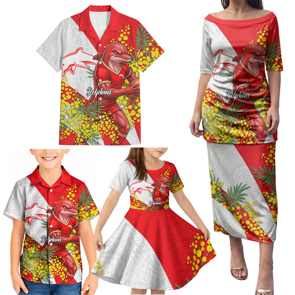 Dolphins Family Matching Puletasi and Hawaiian Shirt Golden Wattle Floral Polynesian - Australian Flower - Rugby Mascot