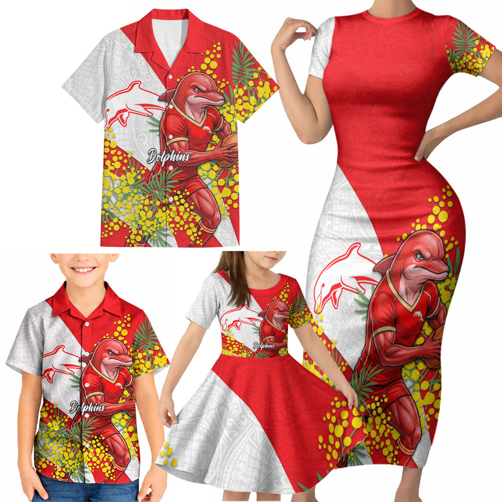 Dolphins Family Matching Short Sleeve Bodycon Dress and Hawaiian Shirt Golden Wattle Floral Polynesian - Australian Flower - Rugby Mascot