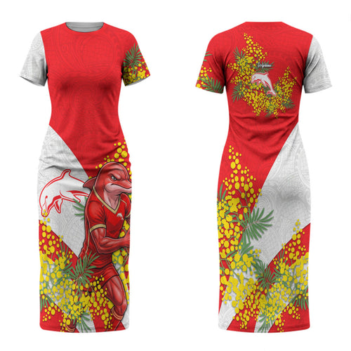 Dolphins Family Matching Short Sleeve Bodycon Dress and Hawaiian Shirt Golden Wattle Floral Polynesian - Australian Flower - Rugby Mascot