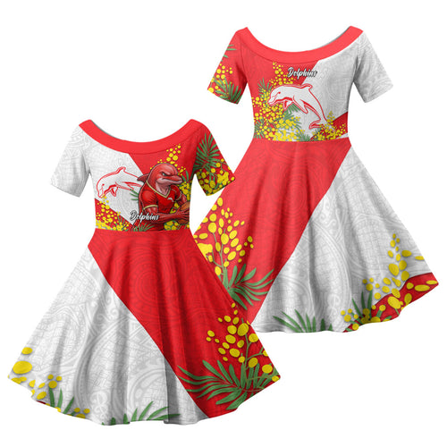 Dolphins Family Matching Short Sleeve Bodycon Dress and Hawaiian Shirt Golden Wattle Floral Polynesian - Australian Flower - Rugby Mascot