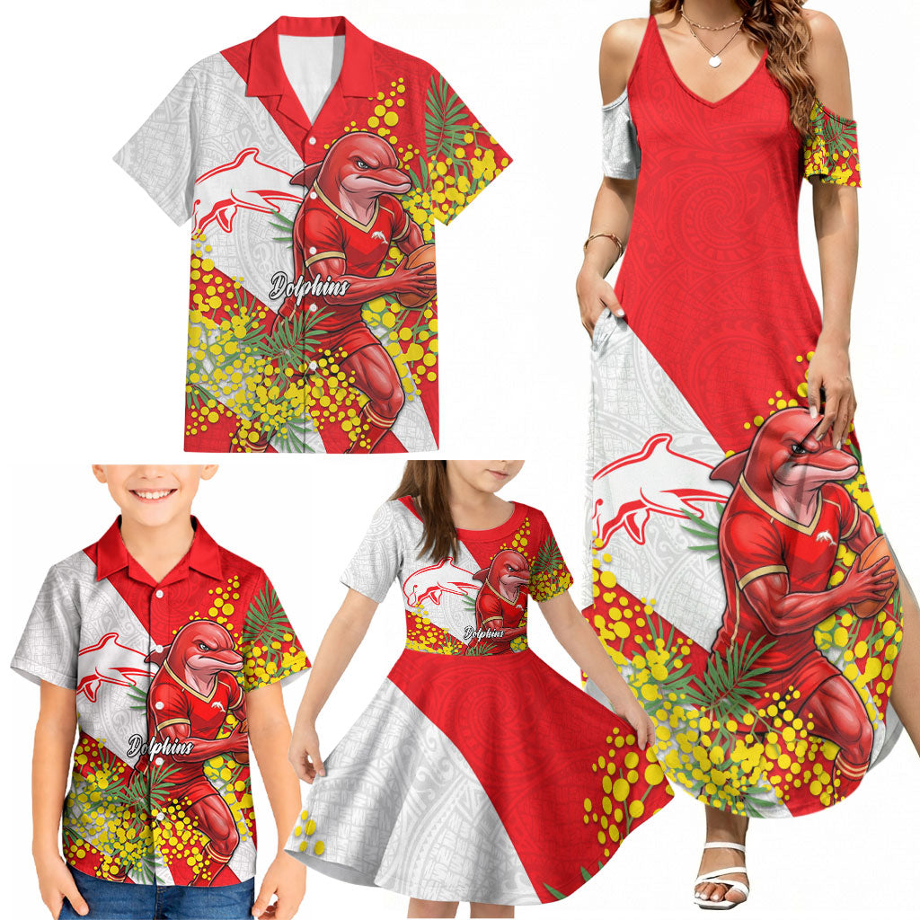 Dolphins Family Matching Summer Maxi Dress and Hawaiian Shirt Golden Wattle Floral Polynesian - Australian Flower - Rugby Mascot