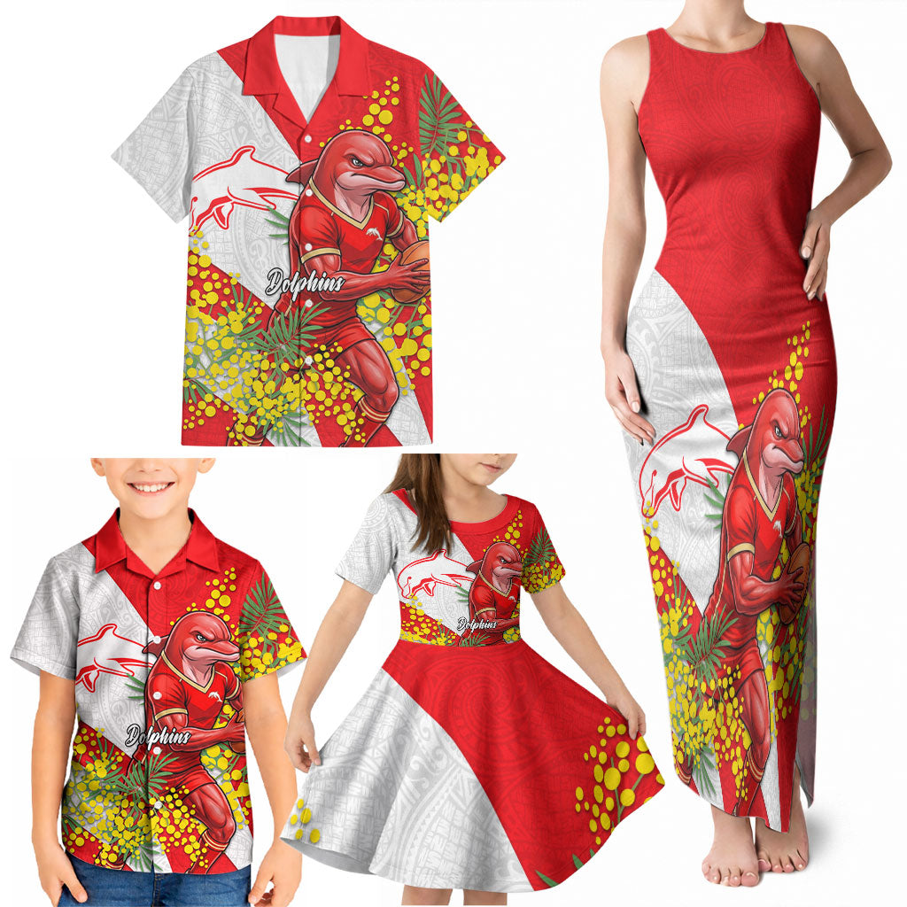 Dolphins Family Matching Tank Maxi Dress and Hawaiian Shirt Golden Wattle Floral Polynesian - Australian Flower - Rugby Mascot