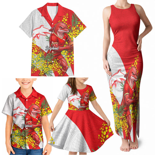 Dolphins Family Matching Tank Maxi Dress and Hawaiian Shirt Golden Wattle Floral Polynesian - Australian Flower - Rugby Mascot