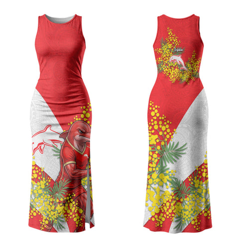 Dolphins Family Matching Tank Maxi Dress and Hawaiian Shirt Golden Wattle Floral Polynesian - Australian Flower - Rugby Mascot