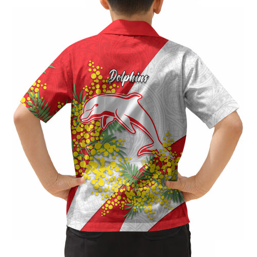 Dolphins Kid Hawaiian Shirt Golden Wattle Floral Polynesian - Australian Flower - Rugby Mascot