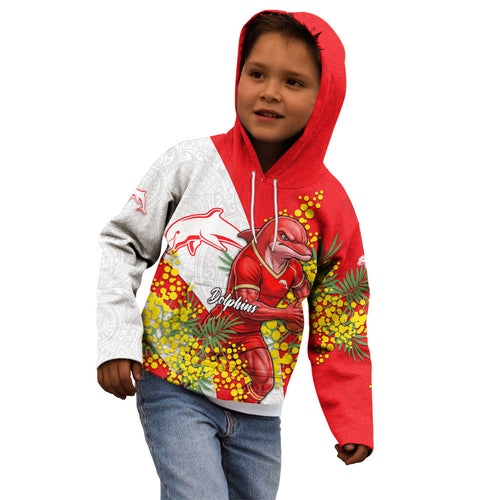 Dolphins Kid Hoodie Golden Wattle Floral Polynesian - Australian Flower - Rugby Mascot