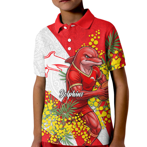 Dolphins Kid Polo Shirt Golden Wattle Floral Polynesian - Australian Flower - Rugby Mascot